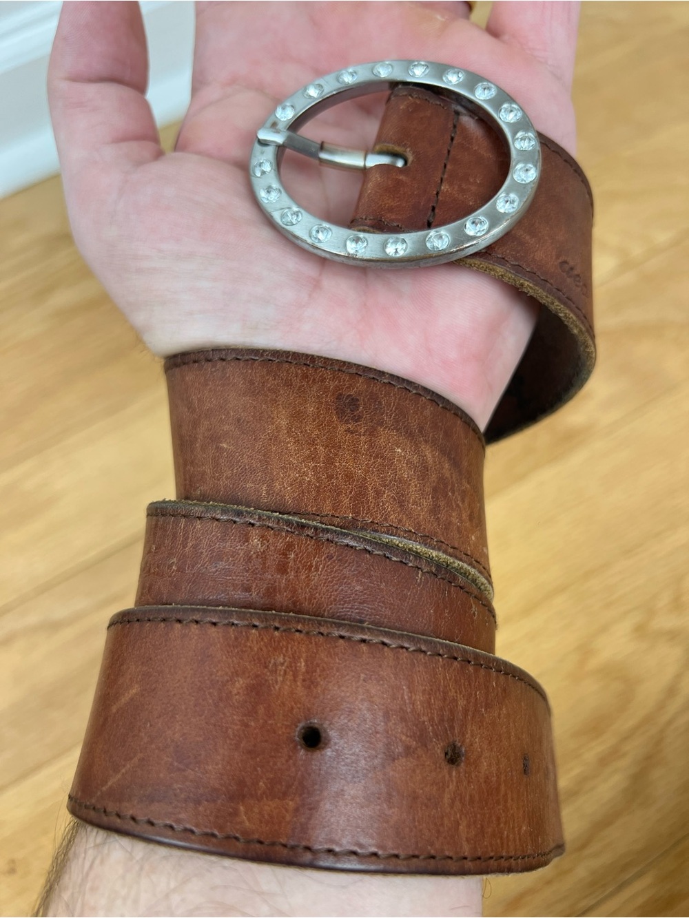 VTG American Eagle Brown Leather Rhinestone Oval Buckle Belt - Picture 6 of 7